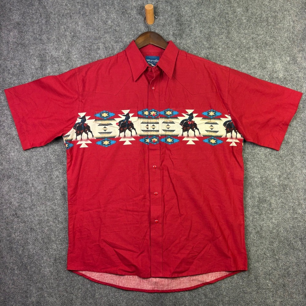 Wrangler Western Shirt Mens Large Red Aztec Bull Rider Snap Short Sleeve MC3006M